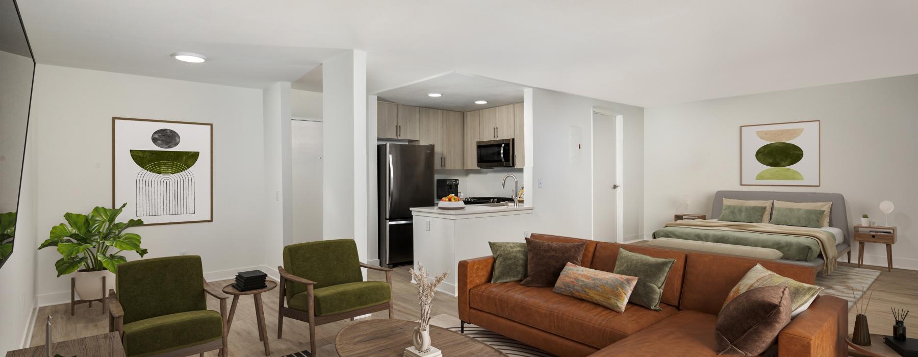 a living room with a couch and a table