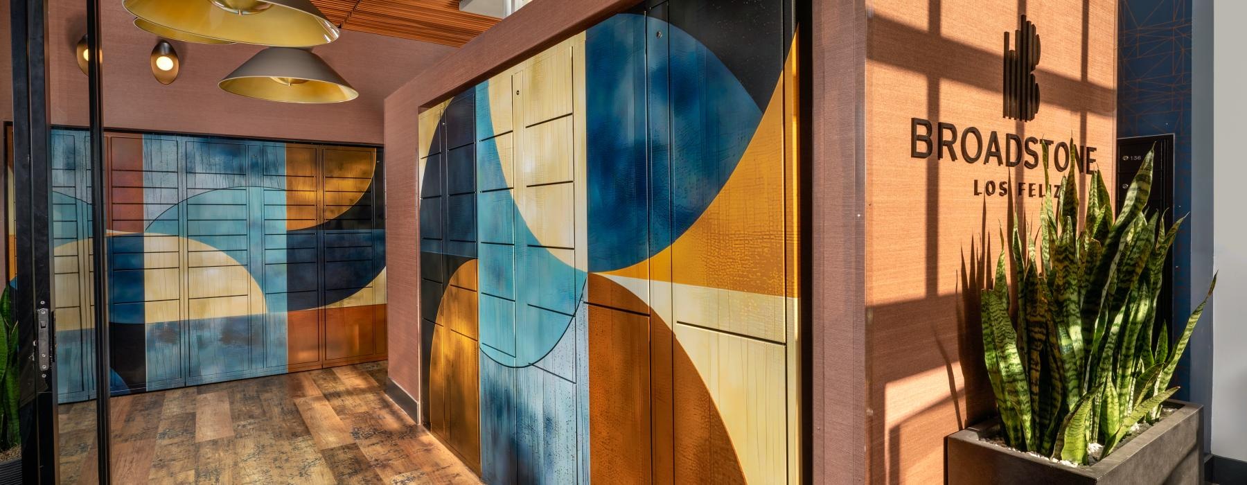 a hallway with a glass door