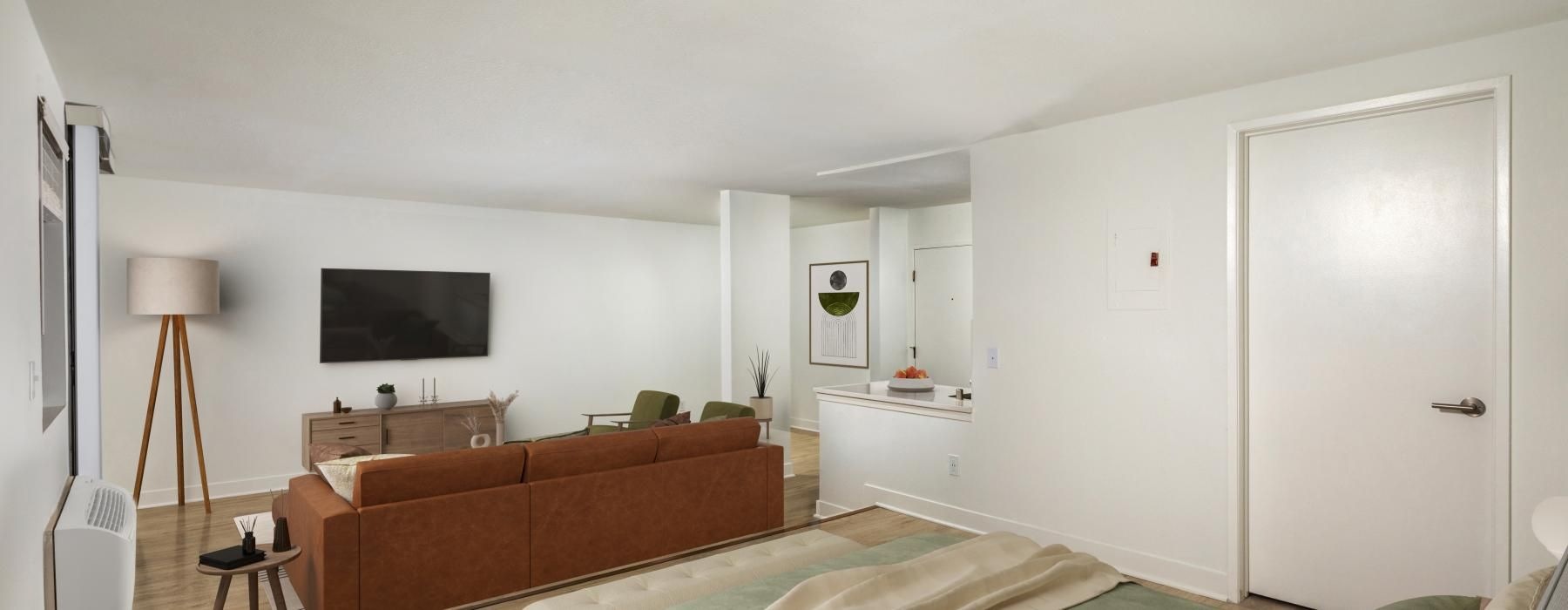 a living room with a large bed
